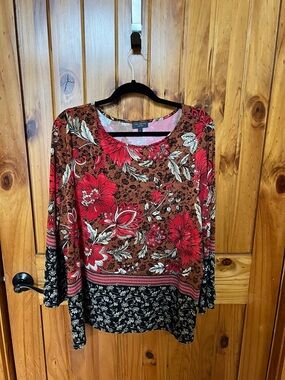 The Limited Red Floral Brown Long-Sleeve Top with Black Hem